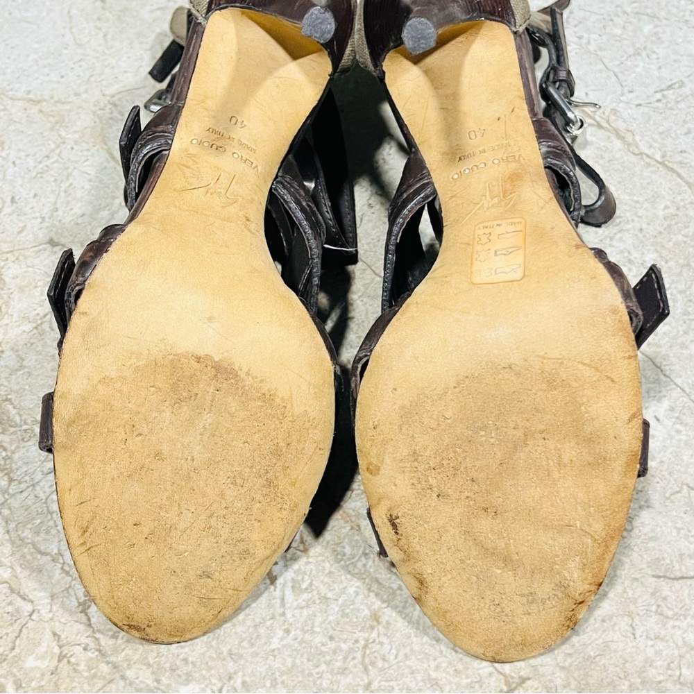Giuseppe Zanotti Brown Leather and Khaki Canvas Stiletto Sandals - Picture 8 of 8